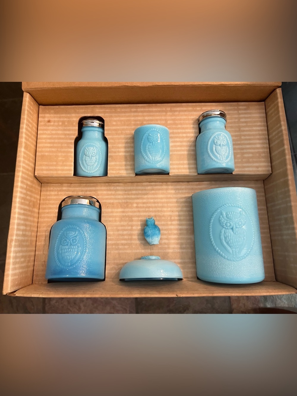 Blue Owl Embossed Mosser Glass Kitchen Set